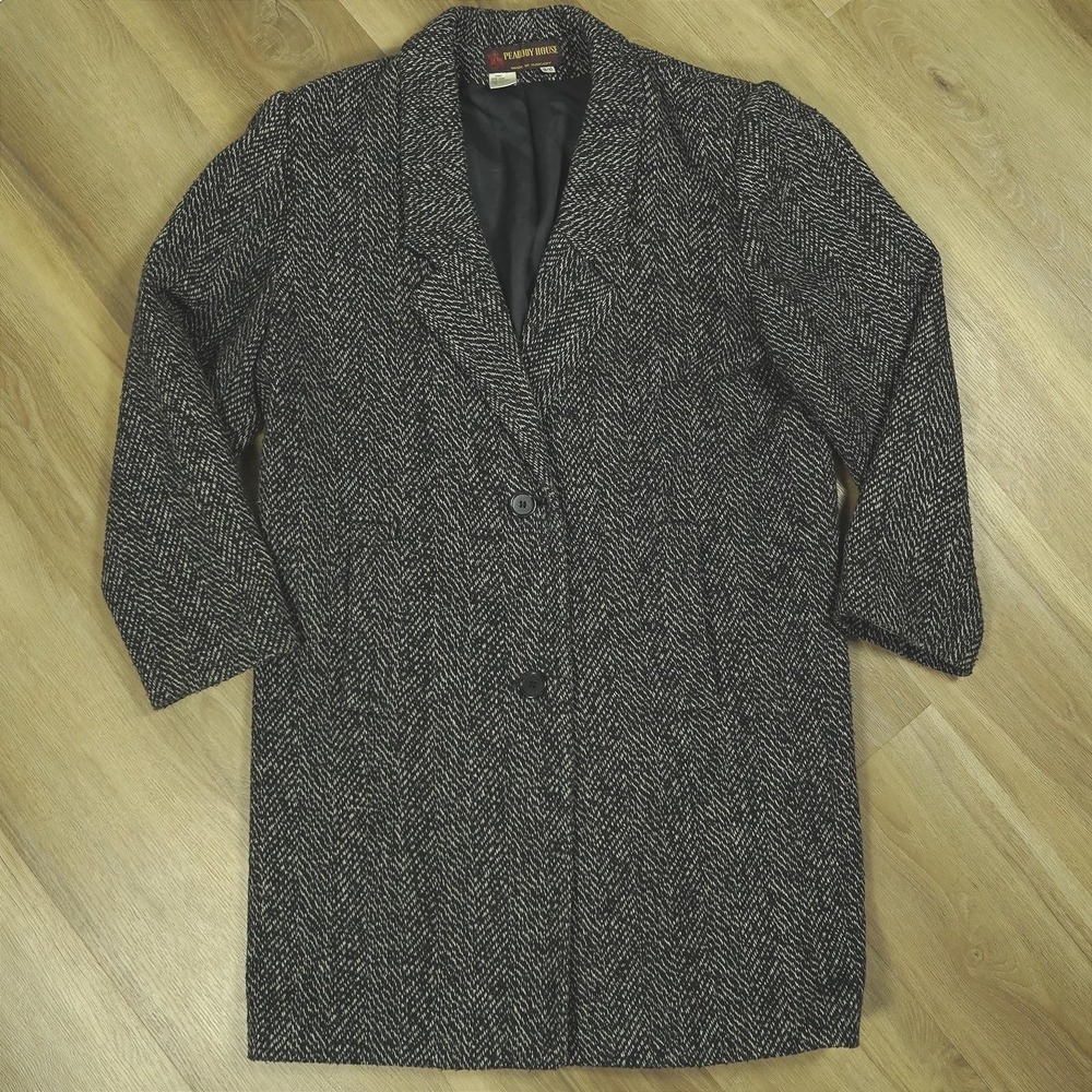 Vintage Peabody House Herringbone Wool Blend Coat Black White Size 9/10 Hungary